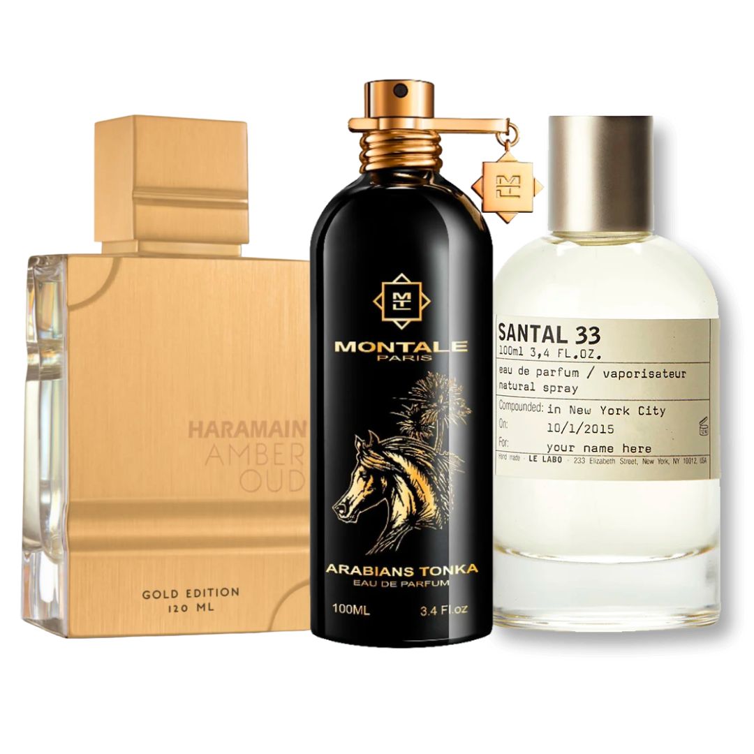 COMBO PERFUMES LUJO AMBER OUD + SANTAL 33 + ARABIANS TONKA