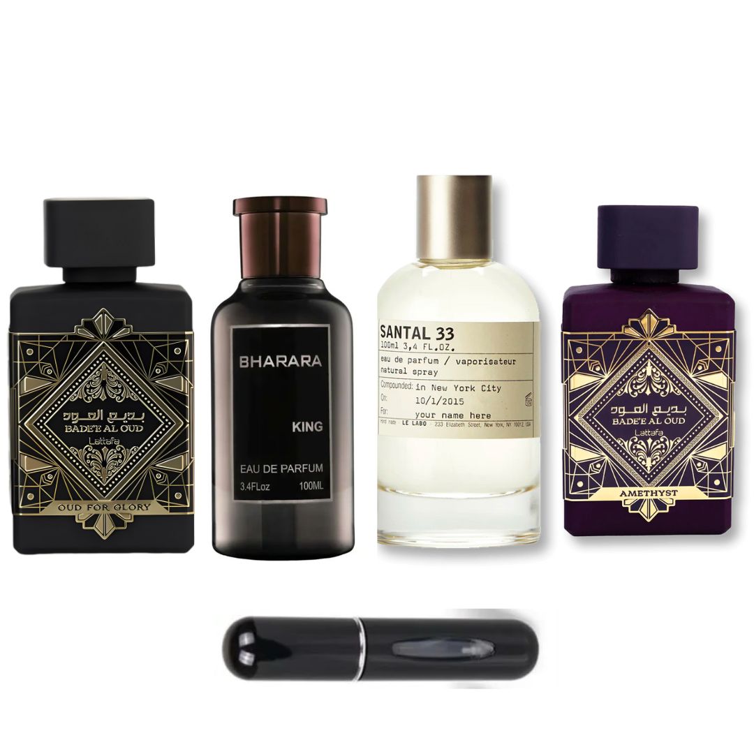 COMBO PERFUMES LUJO OUD FOR GLROY + BHARARA + SANTAL33 + AMETHYSTA