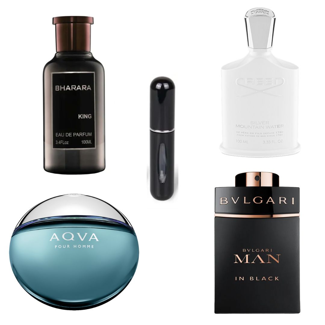 COMBO PERFUMES LUJO CREED SILVER + BHARARA + BVLGARI AQVA + BVLGARI MAN IN BLACK+ PERFUMERO