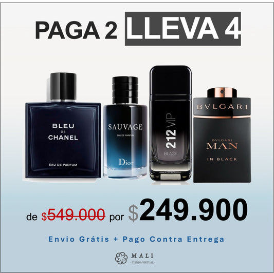 Kit Premium Perfumes Luxury (212 Vip + Bleu de Chanel + Dior Sauvage + Bvlgari Man in Black)