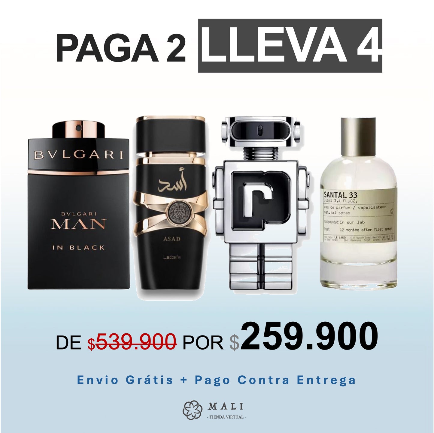 COMBO PERFUMES LUJO BVLGARI + LATTAFA ASAD + PACO RABANNE PHANTOM + SANTAL 33 + PERFUMERO GRATIS