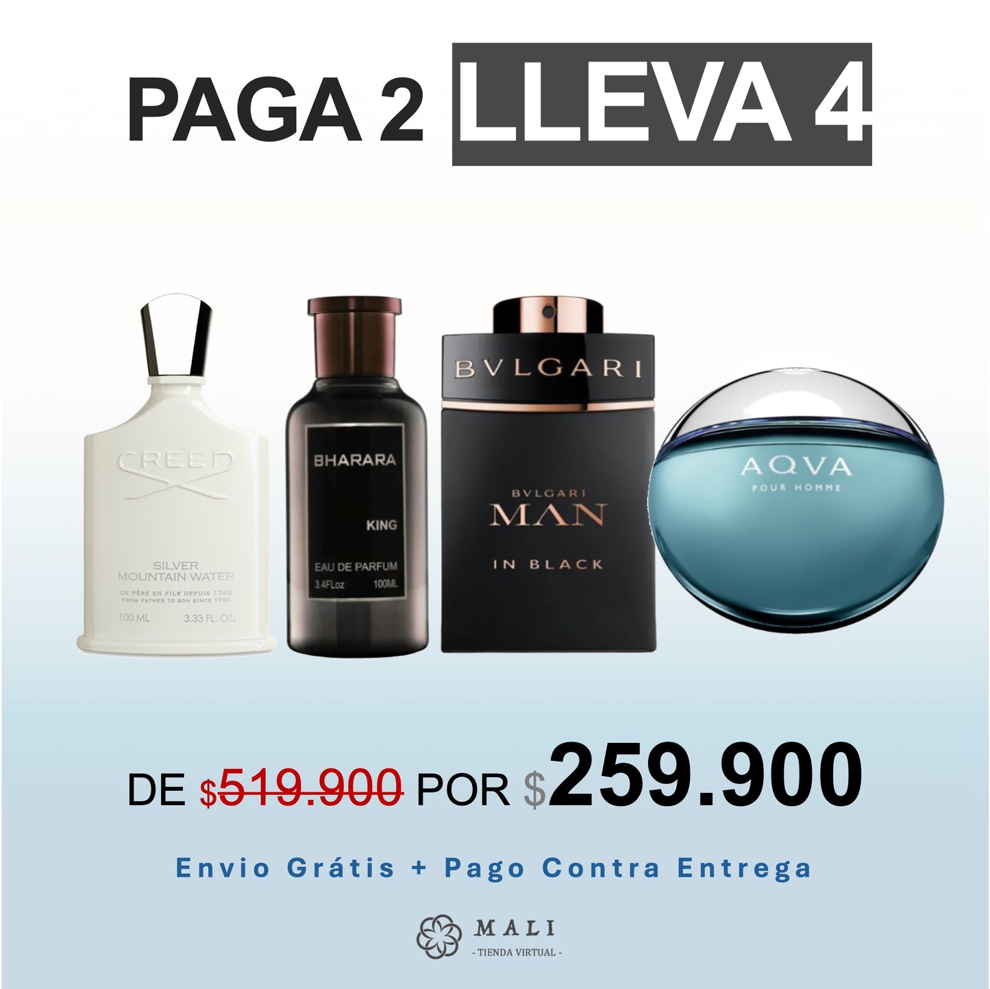 COMBO PERFUMES LUJO CREED SILVER + BHARARA + BVLGARI AQVA + BVLGARI MAN IN BLACK+ PERFUMERO