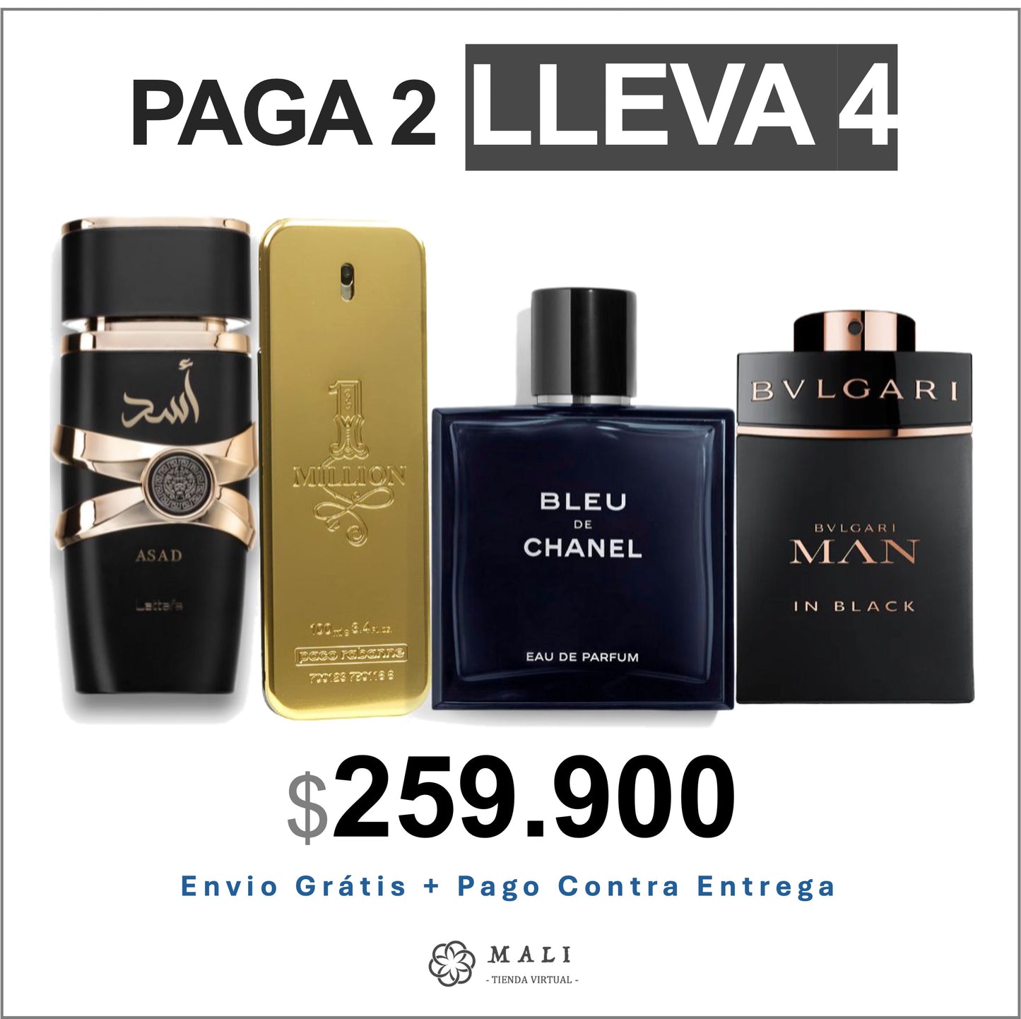 COMBO PERFUMES LUJO LATTAFA ASAD + 1 MILLION + BLEU DE CHANEL + BVLGARI MAN IN BLACK + PERFUMERO