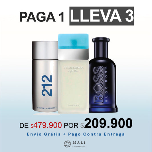 KIT PERFUMES LUJO 212 MEN + HUGO BOSS + DG LIGTH BLUE