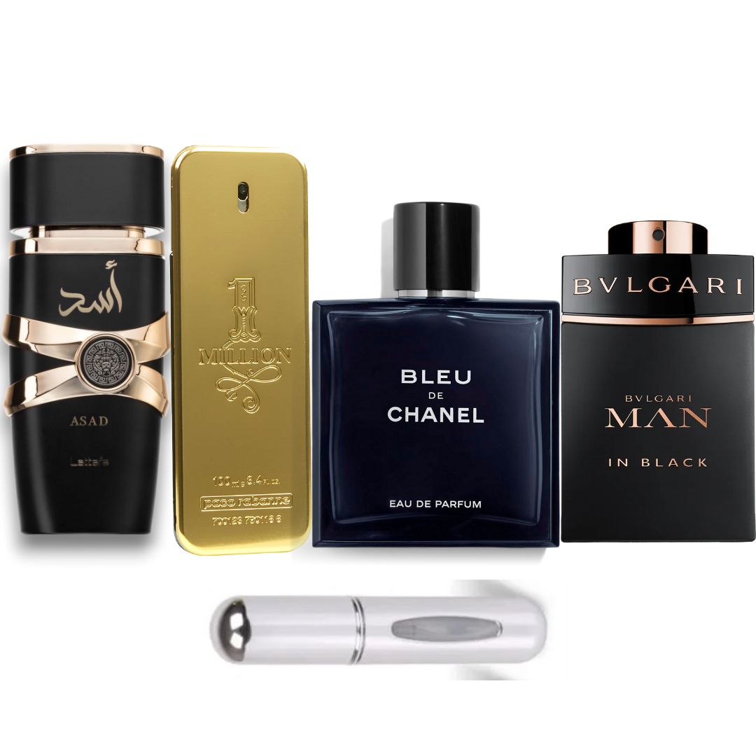 COMBO PERFUMES LUJO LATTAFA ASAD + 1 MILLION + BLEU DE CHANEL + BVLGARI MAN IN BLACK + PERFUMERO