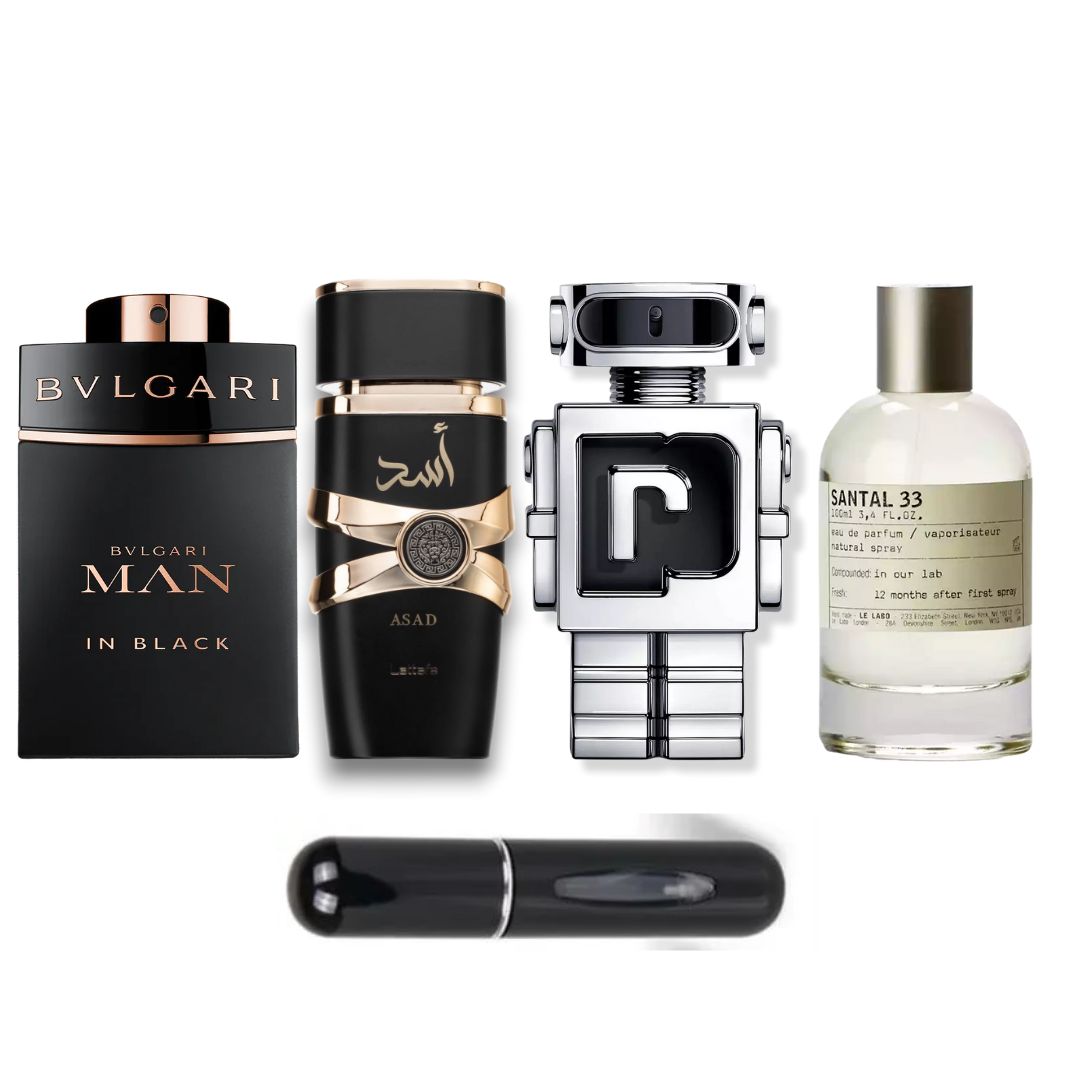 COMBO PERFUMES LUJO BVLGARI + LATTAFA ASAD + PACO RABANNE PHANTOM + SANTAL 33 + PERFUMERO GRATIS