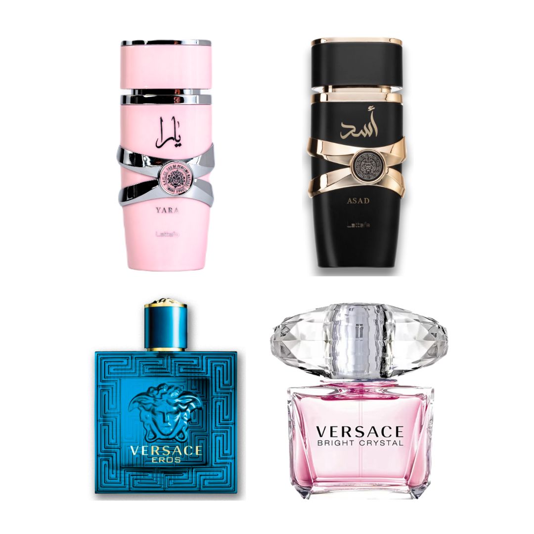 COMBO PERFUMES LATTAFA YARA + LATTAFA ASAD + VERSACE EROS + VERSACE BRIGHT CRYSTAL